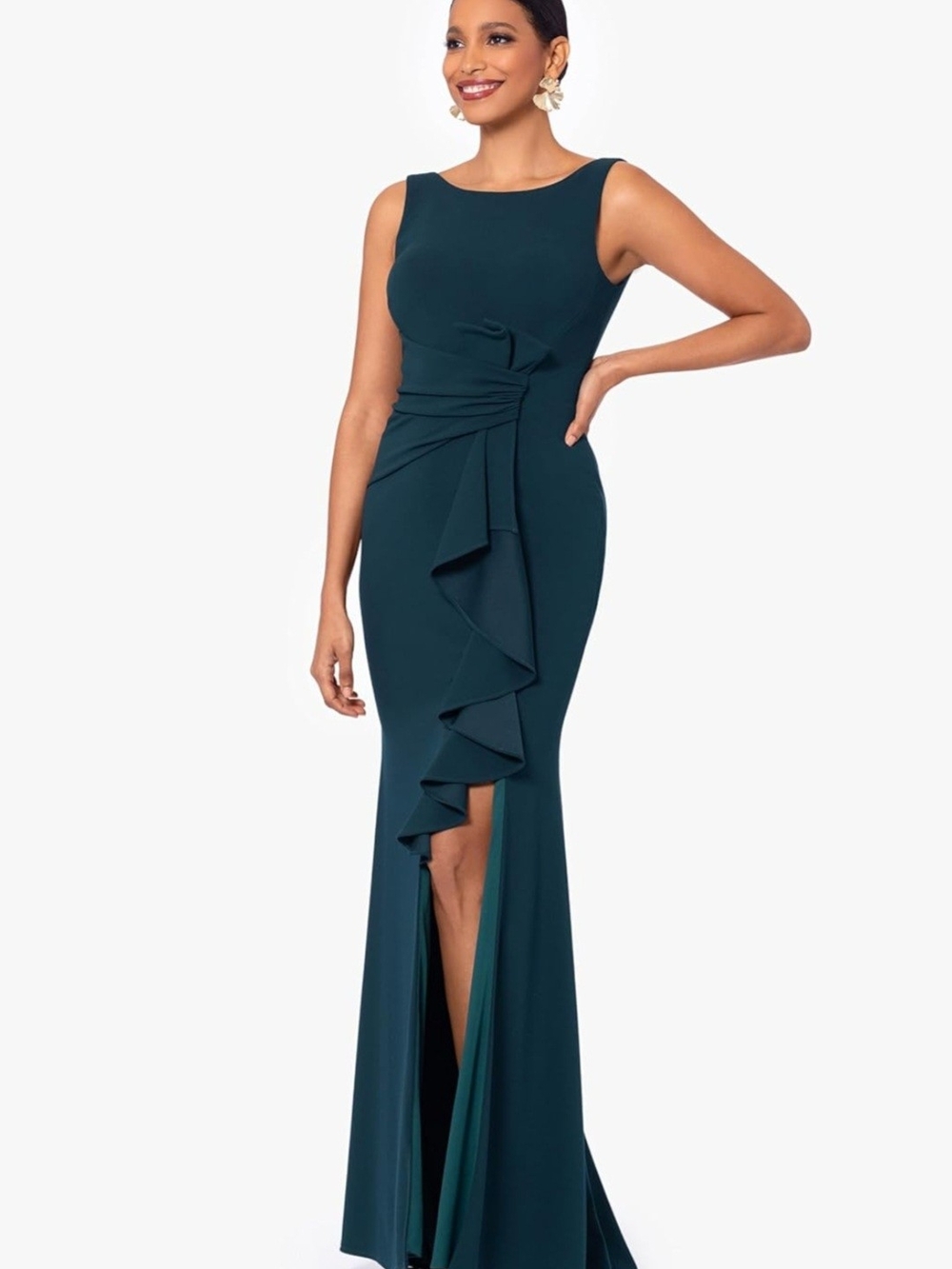 ​Betsy & Adam Evening Gown Dress Petite 6P Pine Green Ruffle Slit Scuba CrepeMax